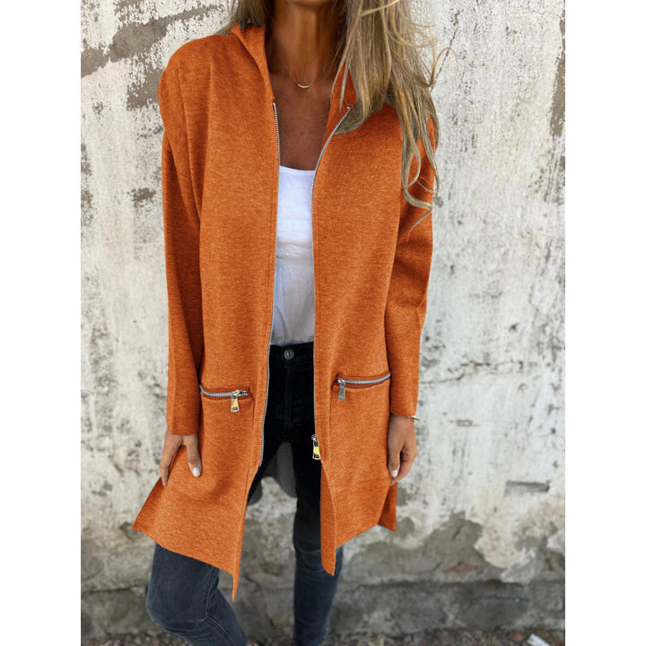 Women’s Hooded Long Cardigan with Full Zip and Decorative Pockets Amarae