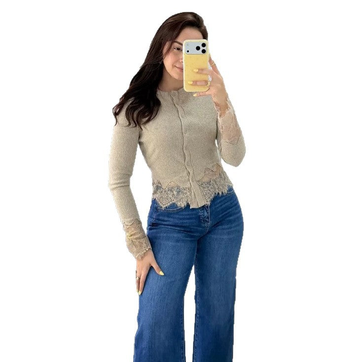Women's Short Ribbed Knit Cardigan with Crochet Lace Trim & Delicate Button Placket Amarae