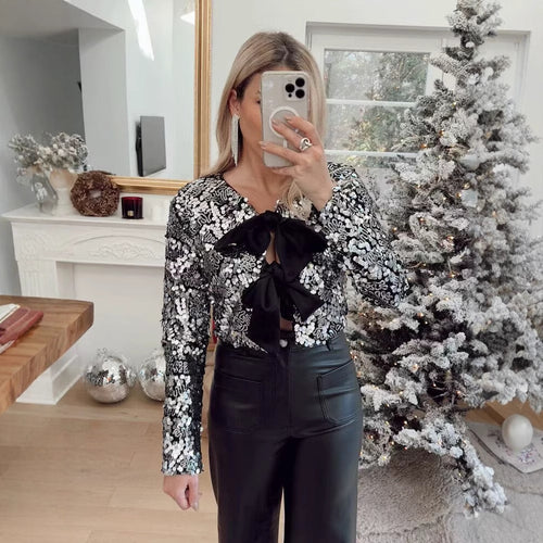 Elegant evening jacket in Lurex for women with ruffles and pretty bows Amarae