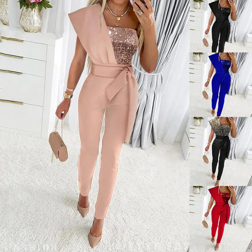 One-shoulder jumpsuit for women with a sparkling top and a chic waist belt und Stil