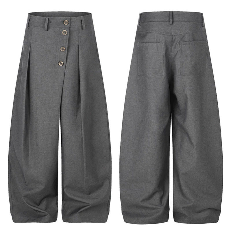 Women's Wide Palazzo Pants with High Waist, Pleats and Asymmetrical Button Placket Amarae