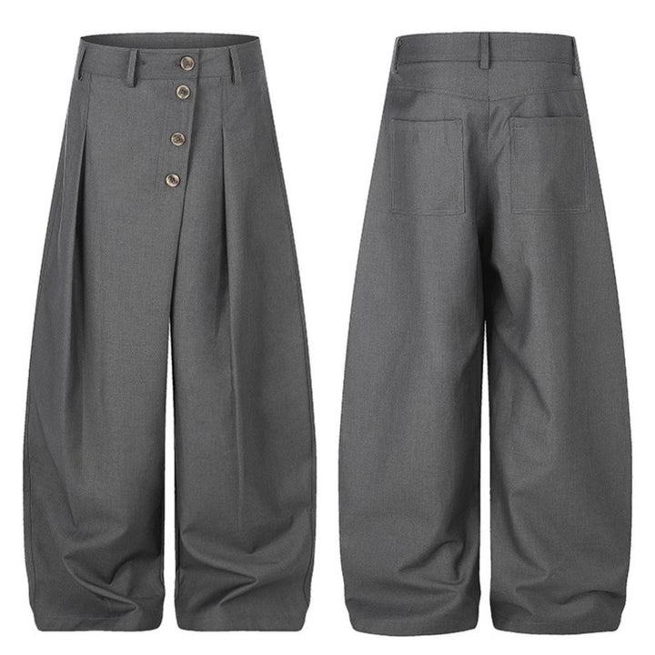 Women's Wide Palazzo Pants with High Waist, Pleats and Asymmetrical Button Placket Amarae