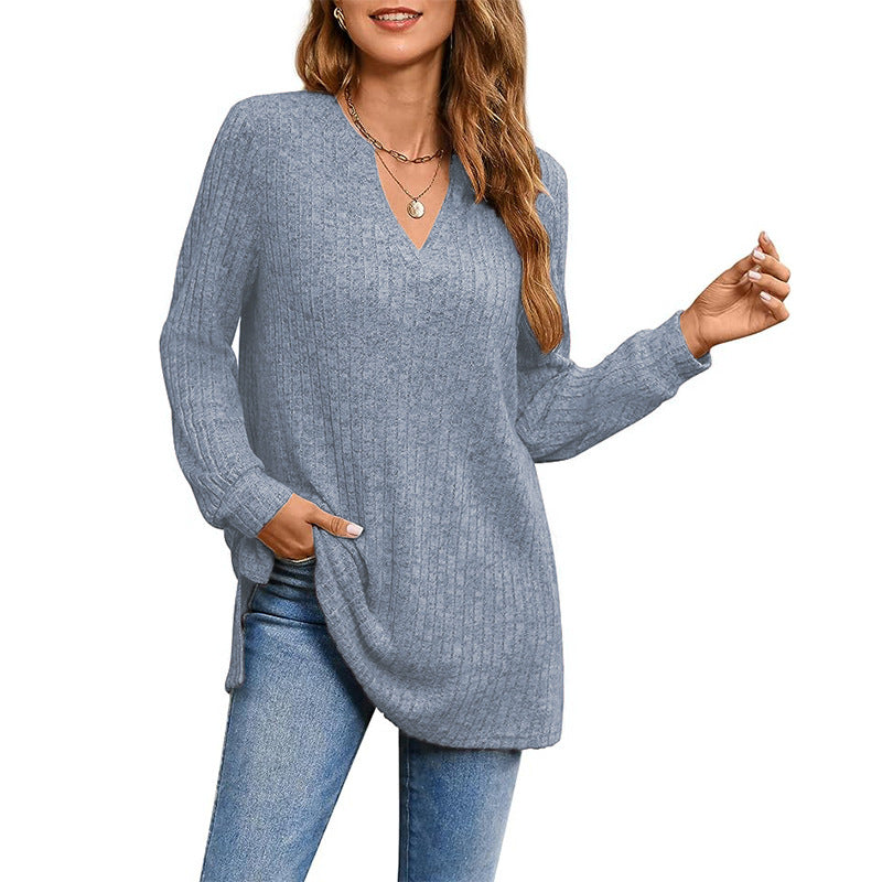 Women Casual Knit Tunic with Side Pockets and V-Neck Lune London