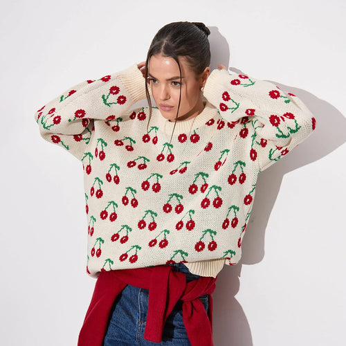 Pull en tricot à motifs pour femmes avec design fruité et coupe décontractée Chic & Stil