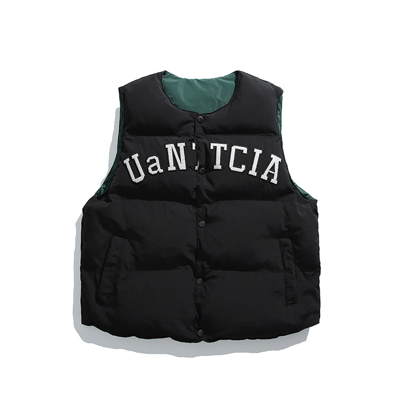 Unisex Padded Quilted Vest in Boxy Cut with Snap Button Closure and College Logo Print Amarae