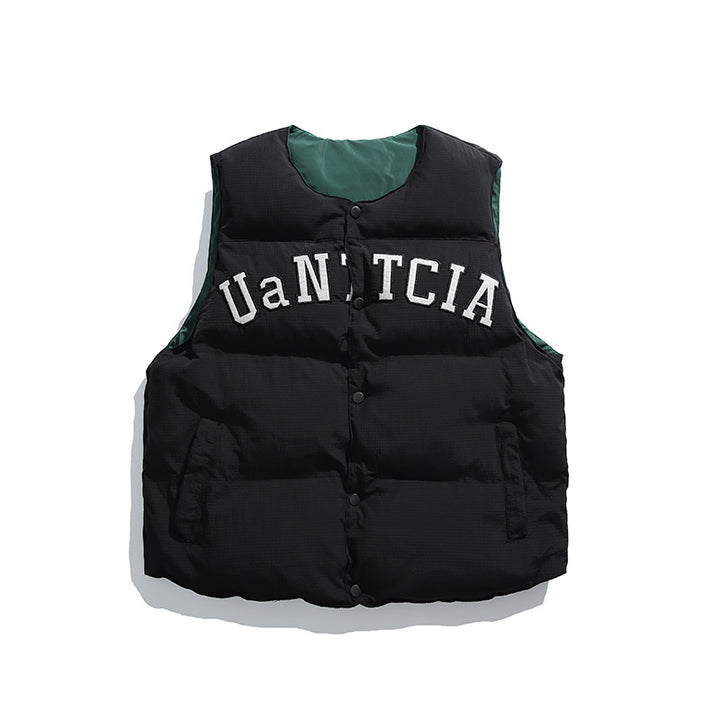 Unisex Padded Quilted Vest in Boxy Cut with Snap Button Closure and College Logo Print Amarae
