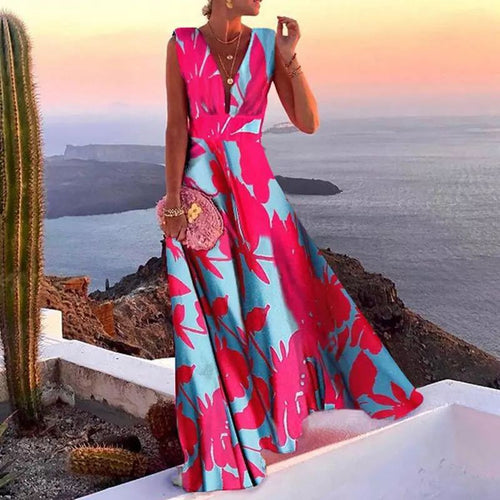 Women's maxi dress with geometric cut and deep V-neck