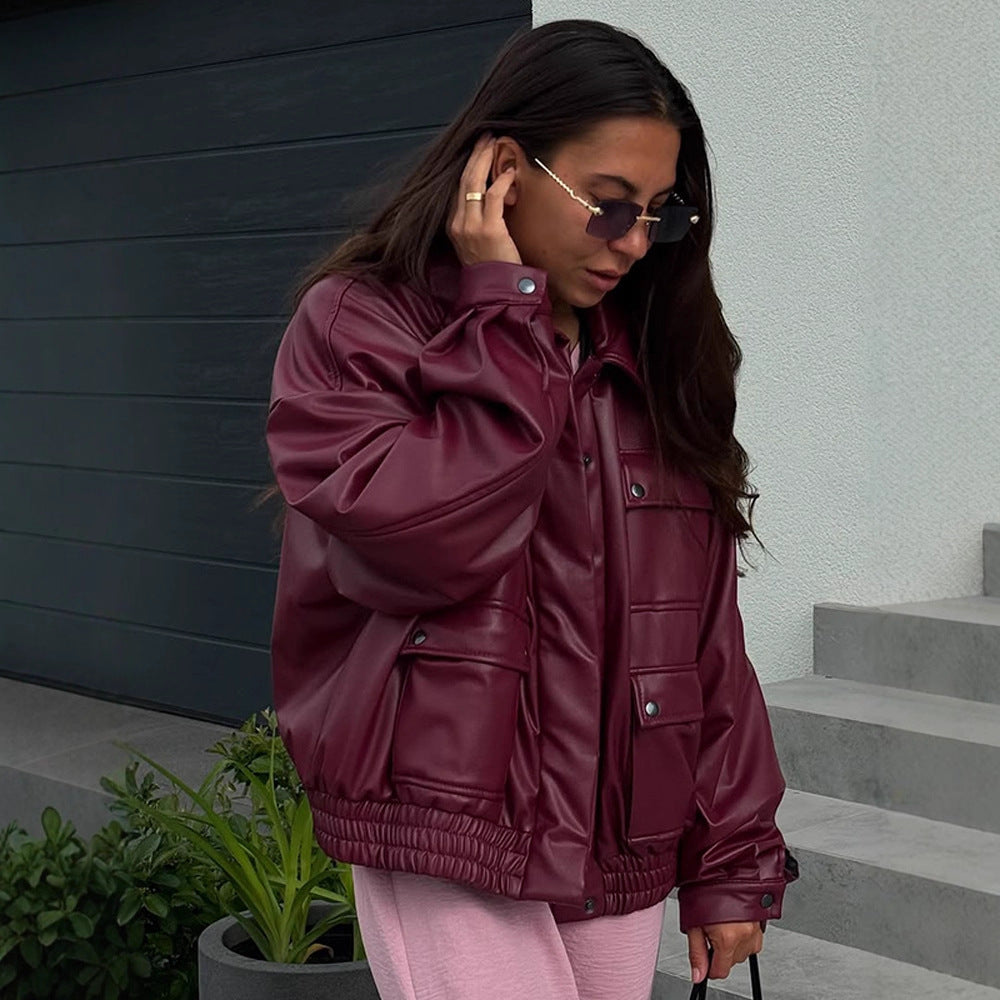 Women Oversized Faux Leather Jacket with Placket Snap Pockets and Elastic Hem Amarae