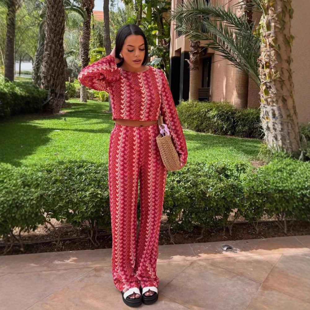 Women's Crocheted Two-Piece Lounge Set with Short Sweater and High-Waisted Palazzo Pants Amarae