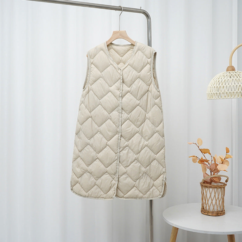 Women's Long Quilted Vest with V-Neck and Diamond Quilting Amarae