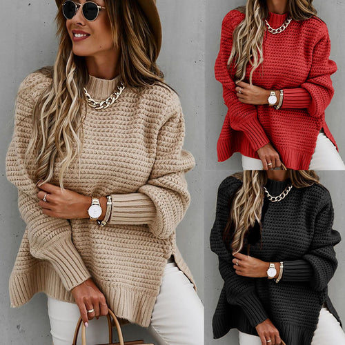 Women's oversized knit sweater with a structured modern design and a high collar Amarae