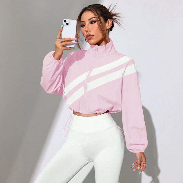 Women's Cropped Windbreaker with Stand-up Collar, Zipper and Drawstring Waist Amarae