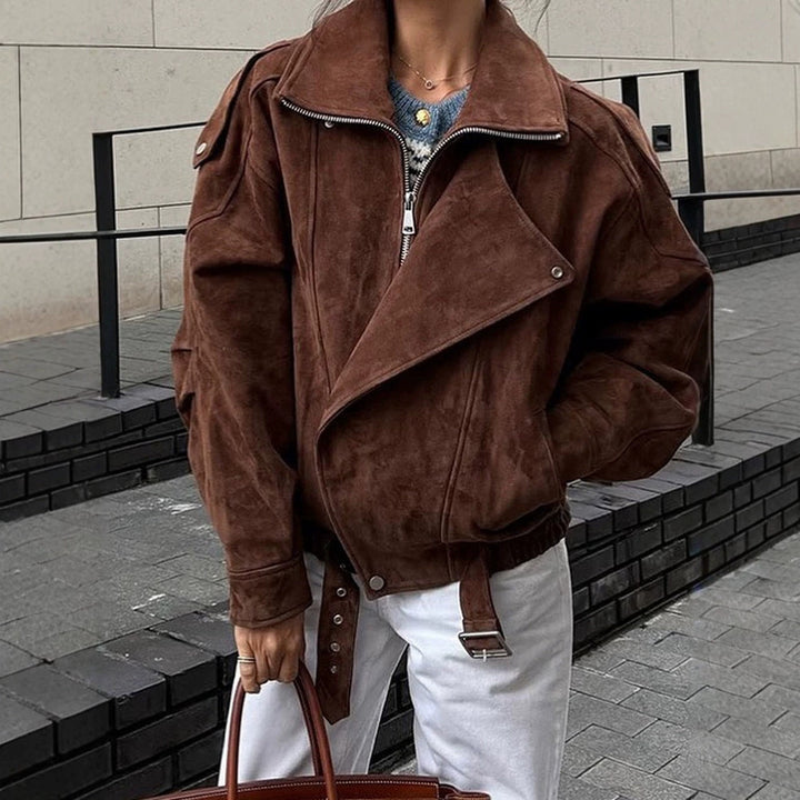 Women Short Velour Leather Bomber Jacket with High Stand-Up Collar and Waist Belt Amarae