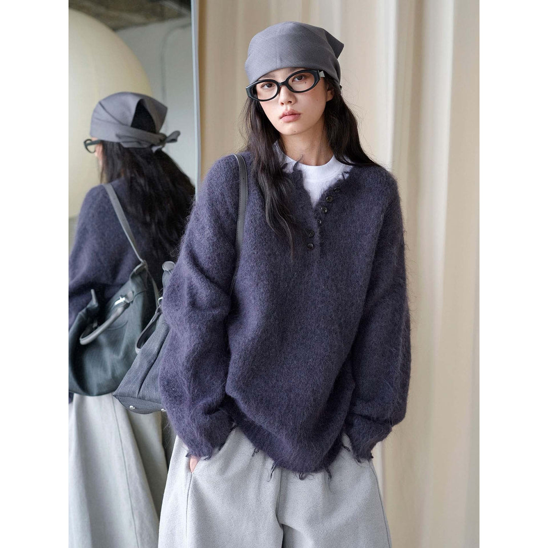 Women Oversized Mohair-Mix V-Neck Cardigan with Fringe Hem Amarae