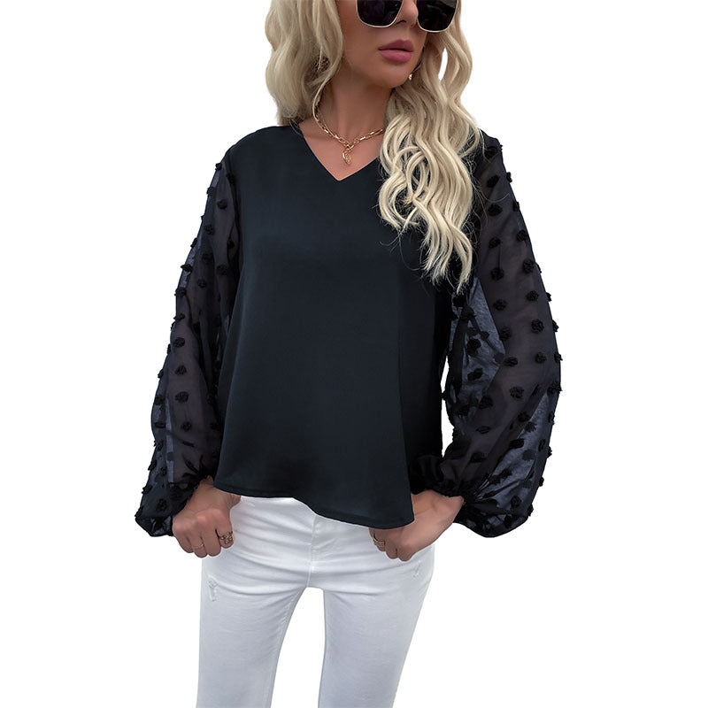 Women's V-neck blouse with transparent puff sleeves and polka dot details Lune London