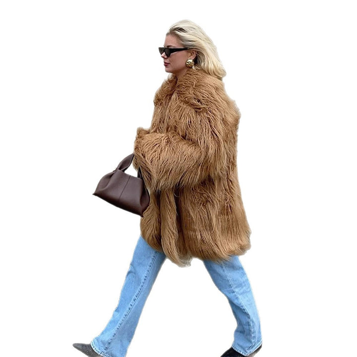 Women's Oversized Shaggy Faux Fur Coat with Long Pile Texture and Concealed Button Placket Amarae