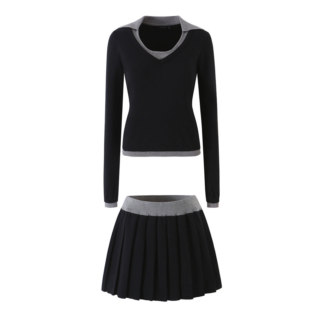 Women’s Two-Piece Fine Knit Set with V-Neck, Contrasting Collar and Pleated Mini Skirt Amarae