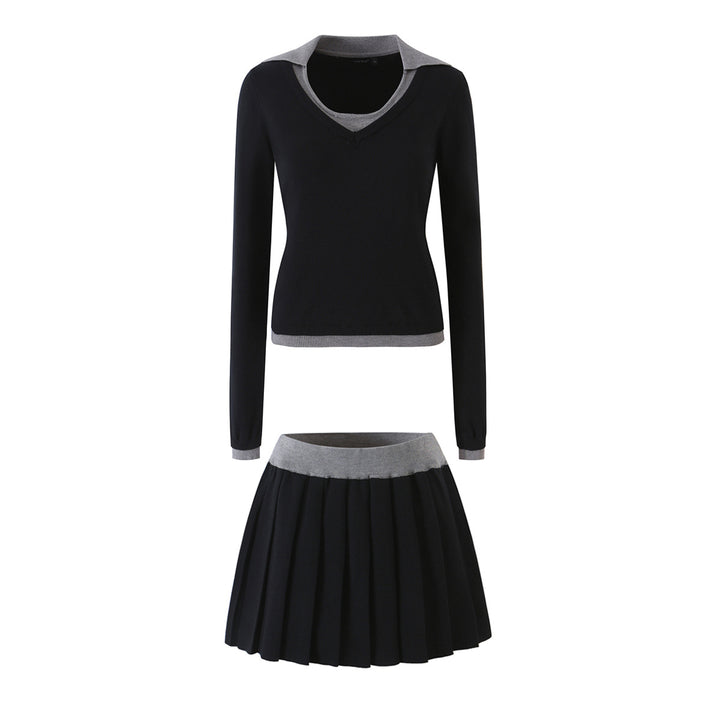 Women’s Two-Piece Fine Knit Set with V-Neck, Contrasting Collar and Pleated Mini Skirt Amarae