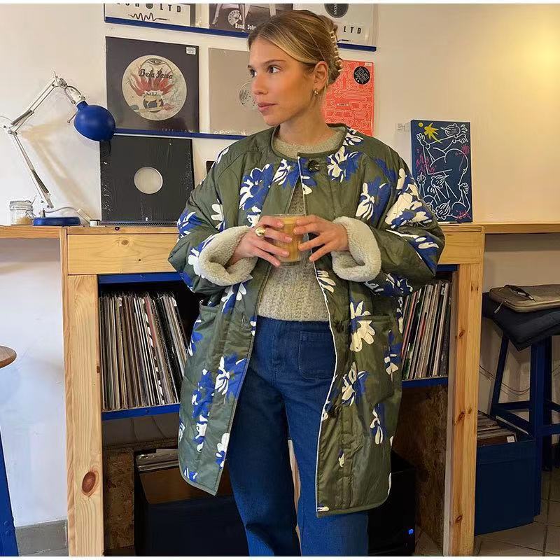 Women's Longline Quilted Coat with Floral Print, Teddy Lining and Oversized Silhouette Amarae