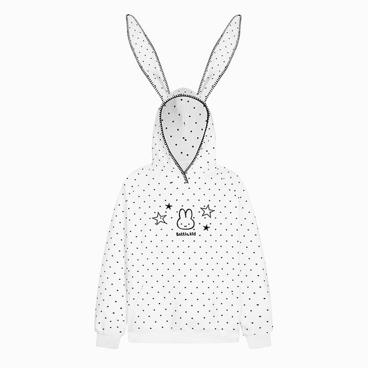 Women's Oversized Hoodie with Bunny Ears, Polka Dot Allover and Kangaroo Pocket