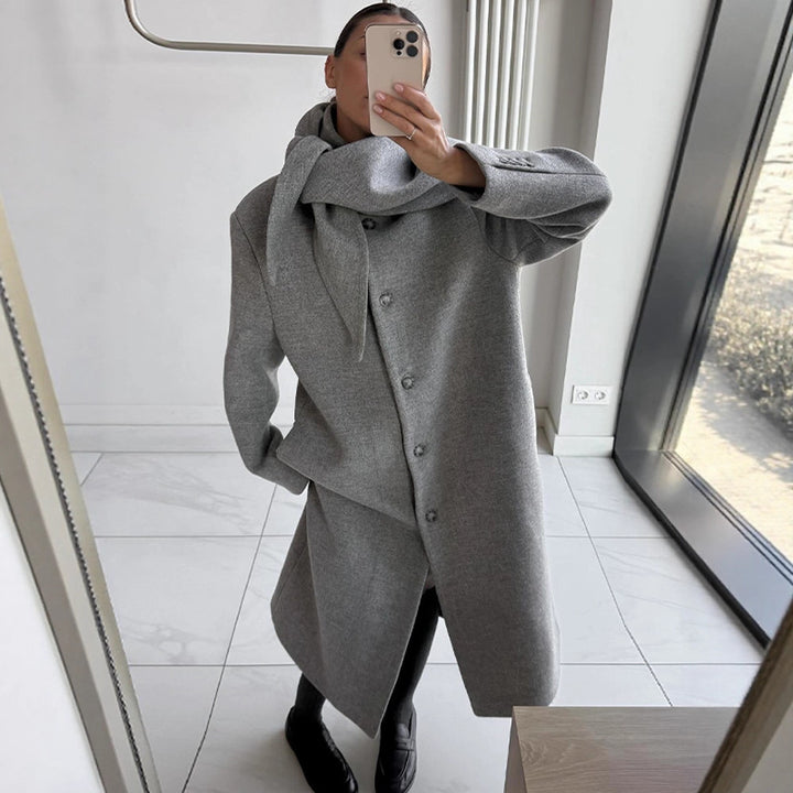 Women's Mid-length Wool Blend Coat with Integrated Loop Scarf Amarae