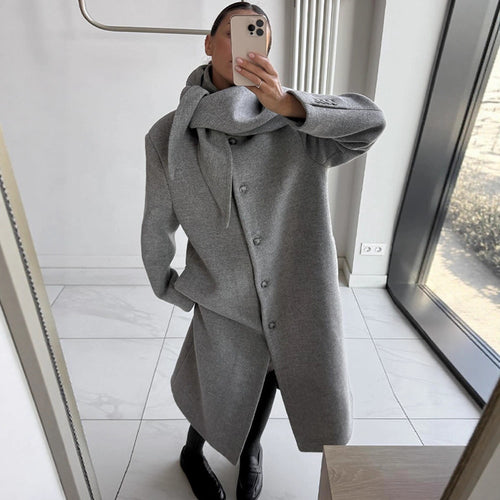 Women's Mid-length Wool Blend Coat with Integrated Loop Scarf Amarae