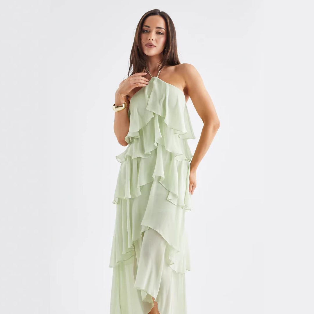 Women's Airy Chiffon Maxi Dress with Ruffle Details and Elegant Halter Neck Lune London
