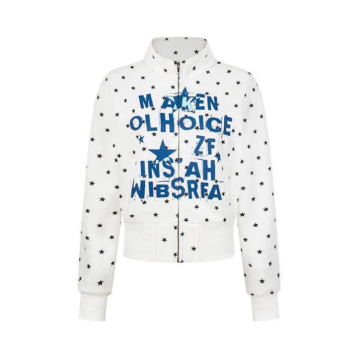 Women's Short Zipper Sweat Jacket with Stand-Up Collar, Allover Star Print and Statement Front Print Amarae