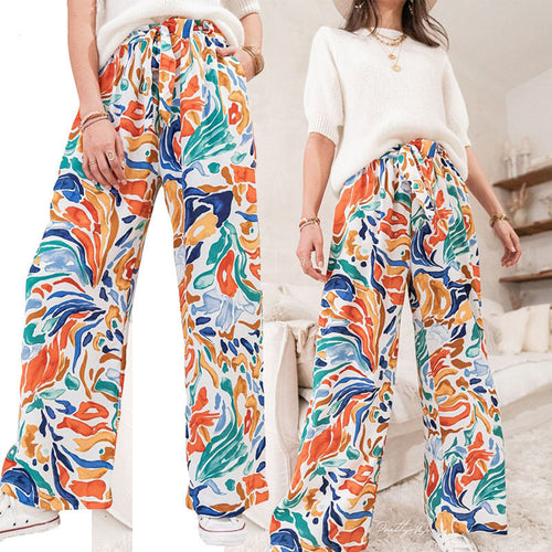 Wide palazzo pants for women with colorful pattern and elastic waist Amarae