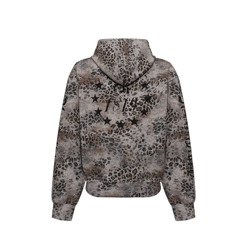 Women's hooded sweatshirt jacket with full zip and allover leopard print Amarae