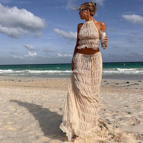 Maxi skirt and crop-top set for women with a playful ruffled design Amarae