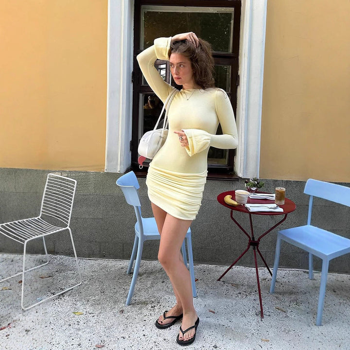 Women's Figure-hugging Gathered Mini Dress with Long Trumpet Sleeves Amarae