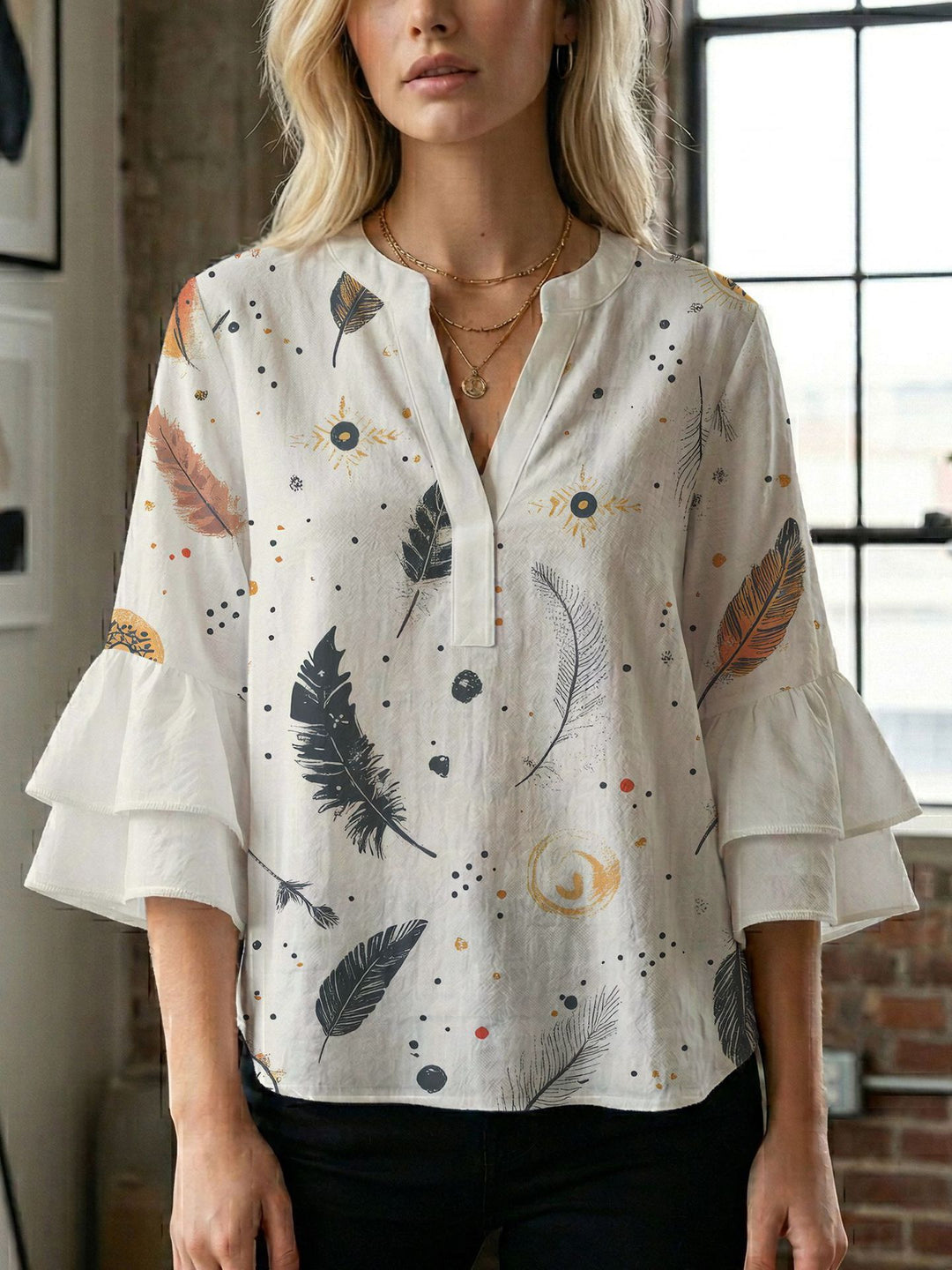 Women's blouse shirt with voluminous sleeves and creative print design Lune London