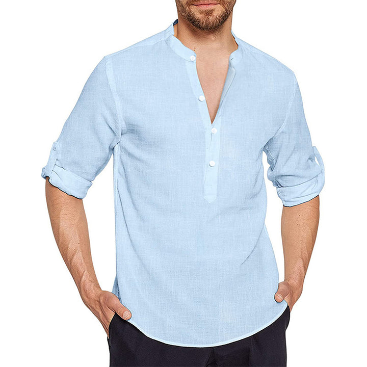 Men's linen shirt with modern high collar and classic button placket Lune London