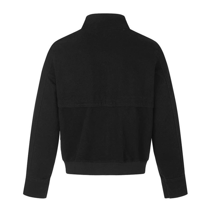Women's short fitted bomber jacket with stand-up collar, decorative buckles, and flap pockets Amarae