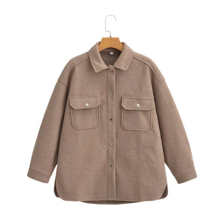 Women's Oversize Wool Blend Shirt Jacket with Snap Button Closure and Applied Flap Pockets Amarae