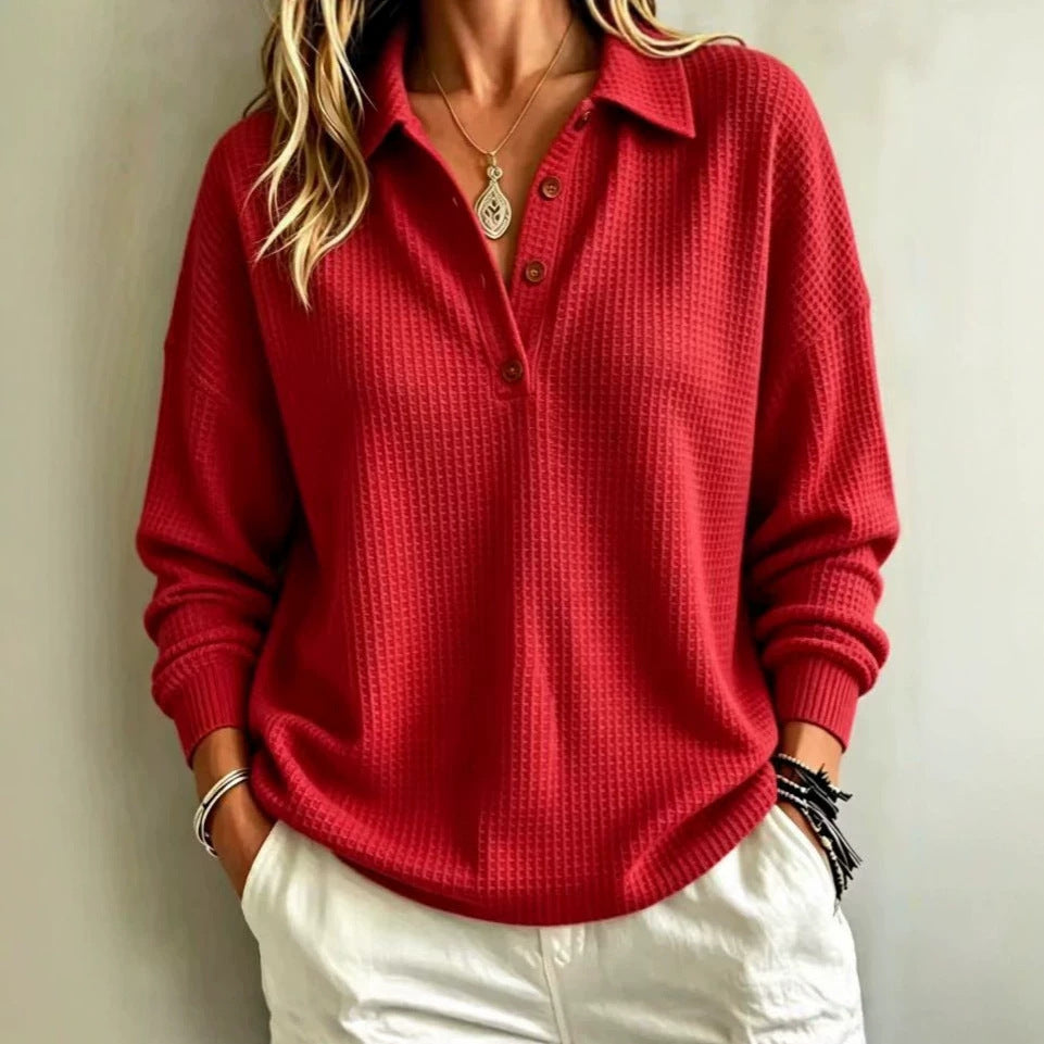 Ladies waffle knit polo with oversized fit, button placket and roll neck look Amarae