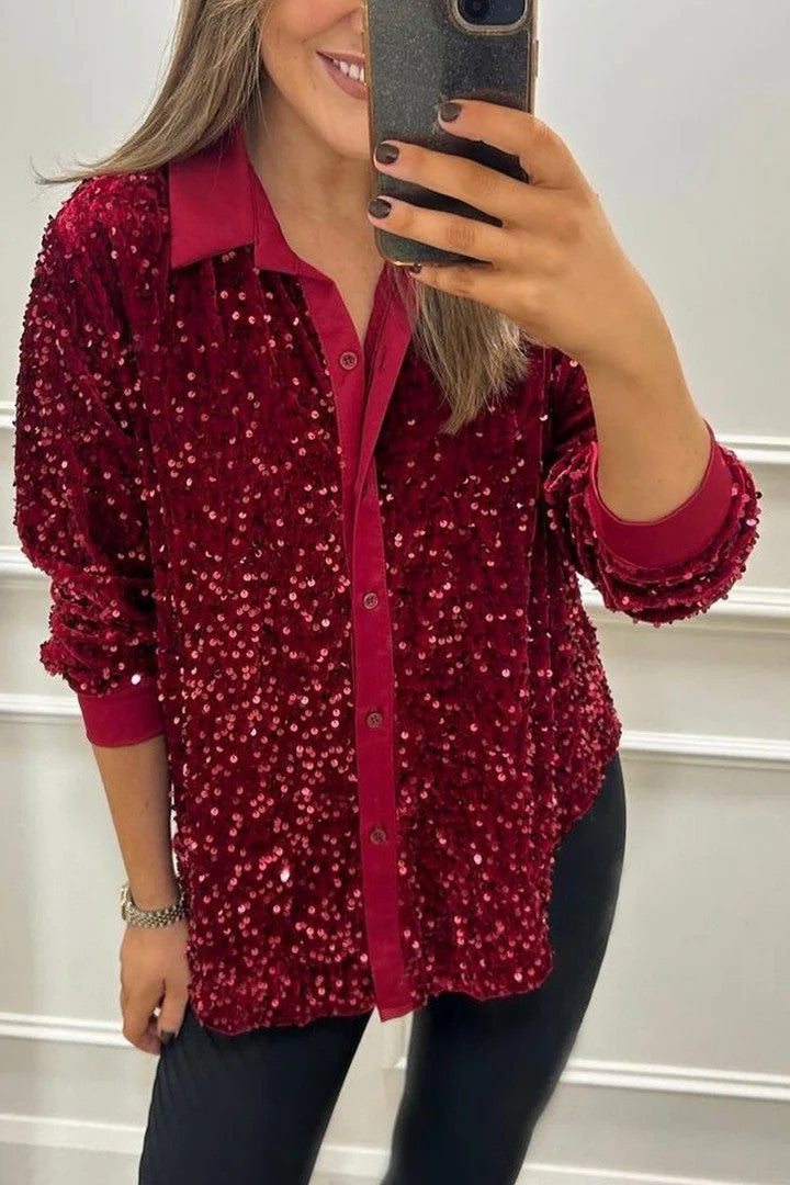 Women Glittering Blouse Made Of Sequins with Classic Collar Lune London