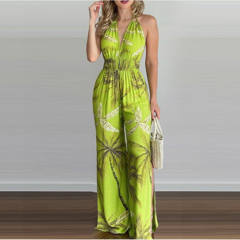 Women Bohemian Halter Neck Maxi Jumpsuit with Side Slits Lune London