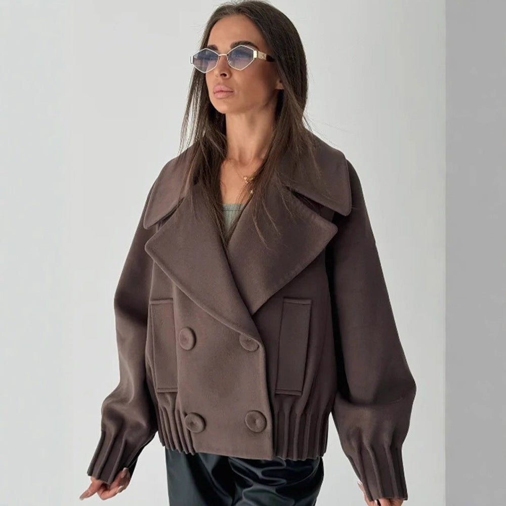 Women's Short Boxy Wool Coat with Oversized Shawl Collar, Double Button Placket and Ribbed Cuff Amarae