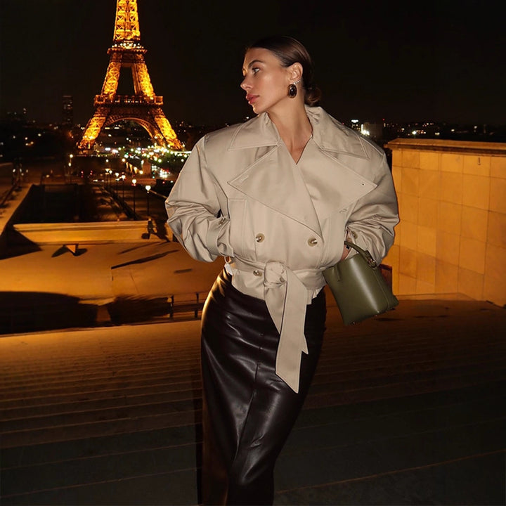 Women Short Double-Breasted Trench Coat with Waist Belt and Wide Lapel Amarae