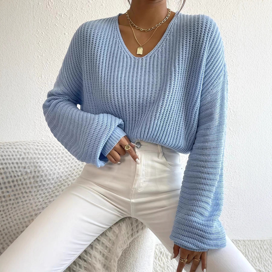 Casual knit sweater for women with wide V-neck and extra long sleeves Lune London