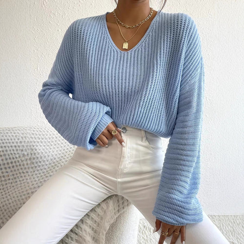 Casual knit sweater for women with wide V-neck and extra long sleeves Amarae