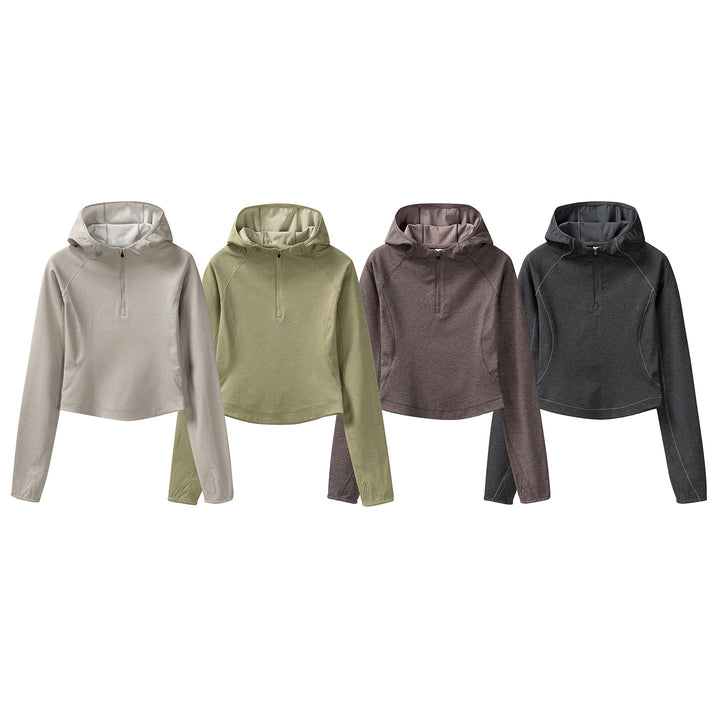Women's Cropped Technical Hoodie with Half Zip, Hood and Thumb Holes Amarae