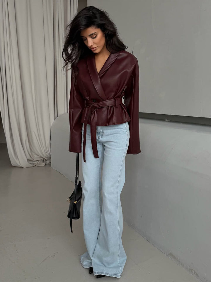 Women's Tailored Faux Leather Jacket with Peplum, Belt & Shawl Collar Amarae