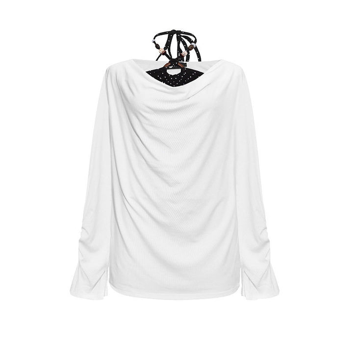 Women Long Draped Long Sleeve Shirt with Waterfall Collar and Gathered Sleeves Amarae