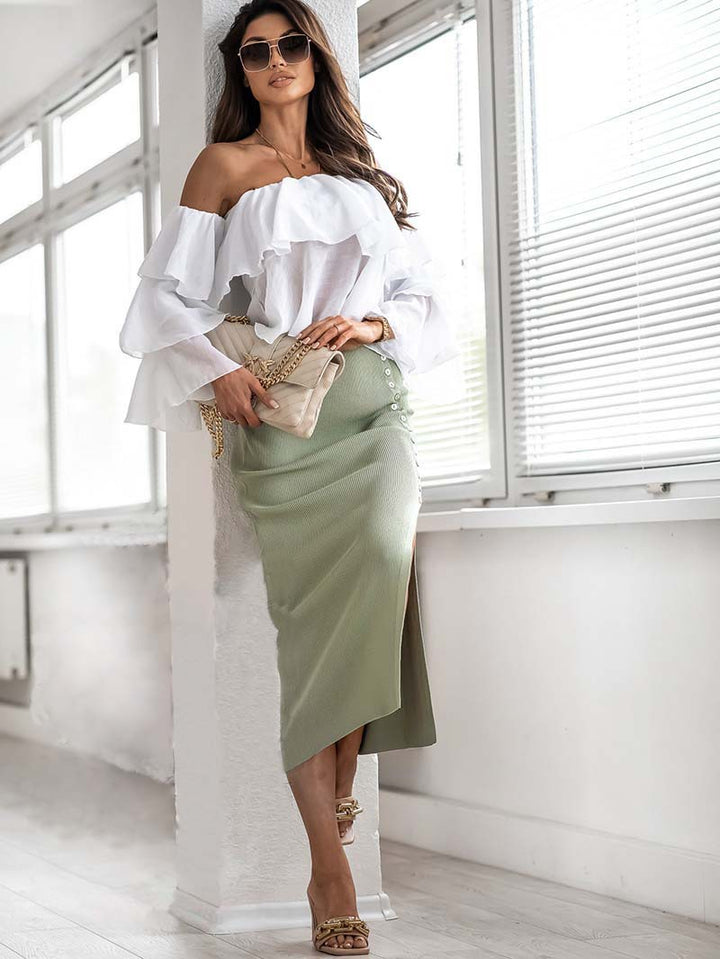 Elegant knit skirt for women with side slit and decorative buttons Lune London