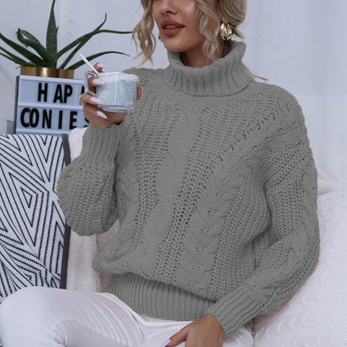 Chunky knit sweater for women with high collar and twisted pattern Amarae