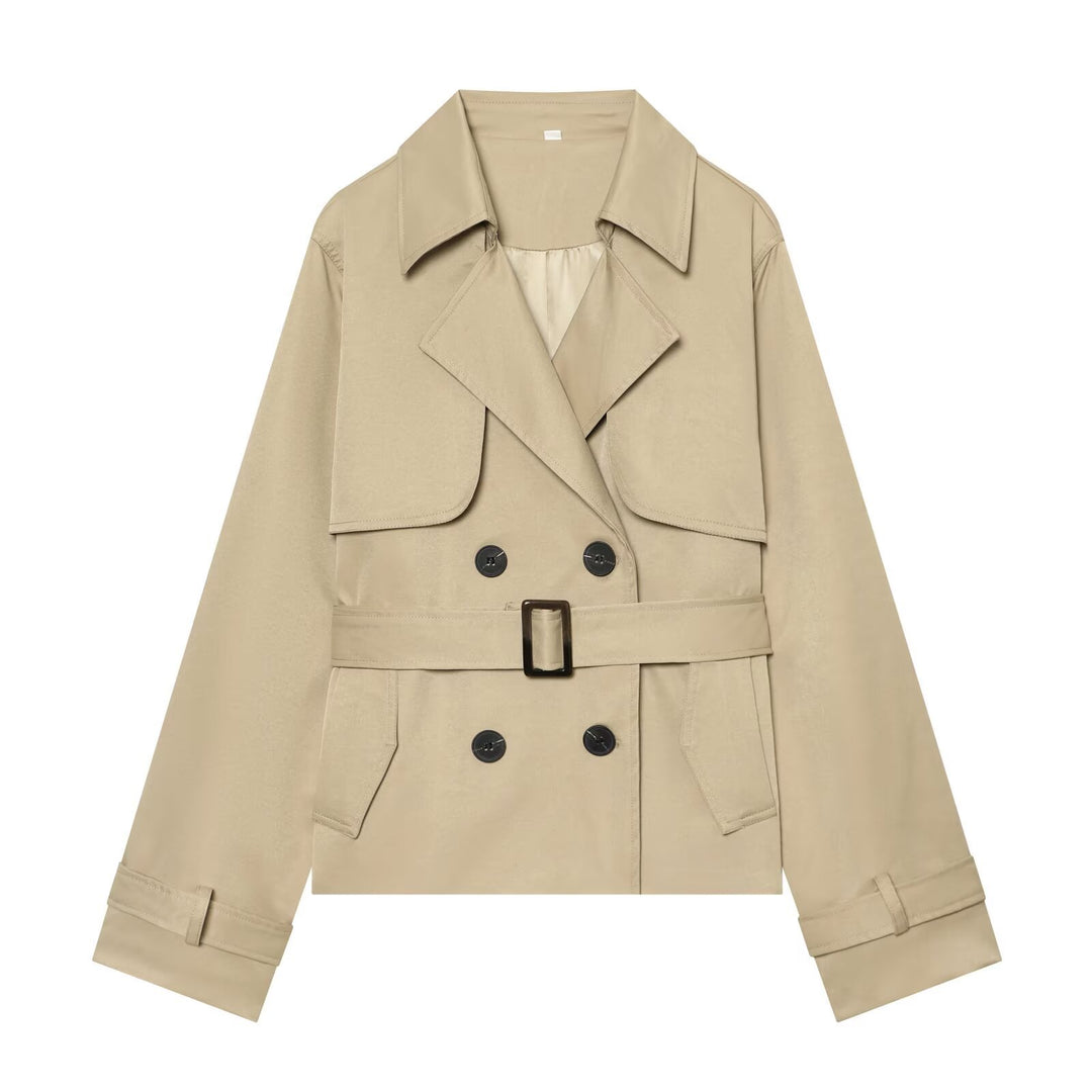 Women's Short Cropped Trench Coat with Double-Breasted Button Placket, Waist Belt, and Epaulettes Amarae