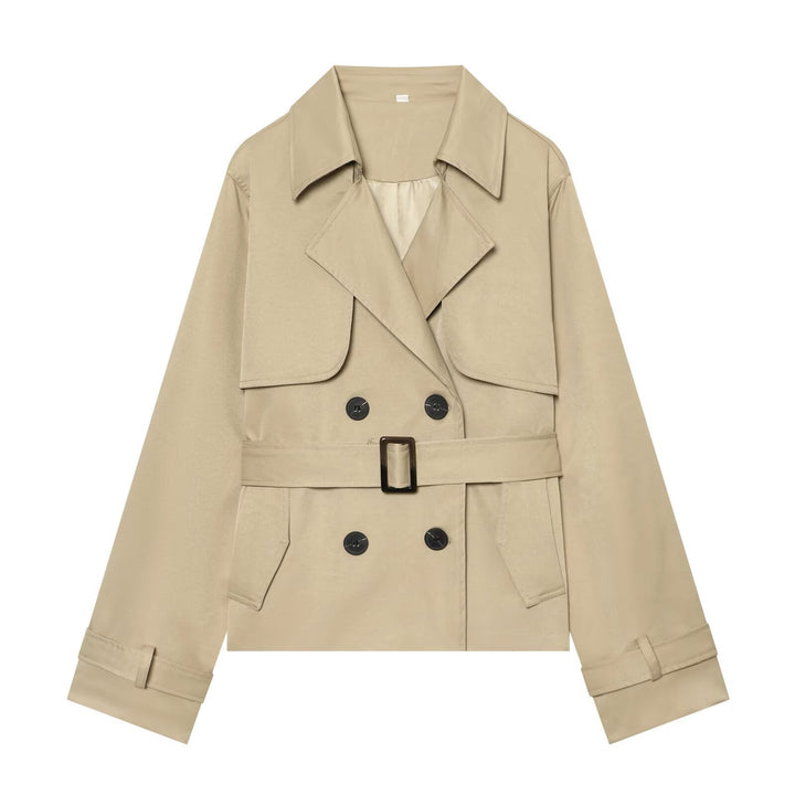 Women's Short Cropped Trench Coat with Double-Breasted Button Placket, Waist Belt, and Epaulettes Amarae